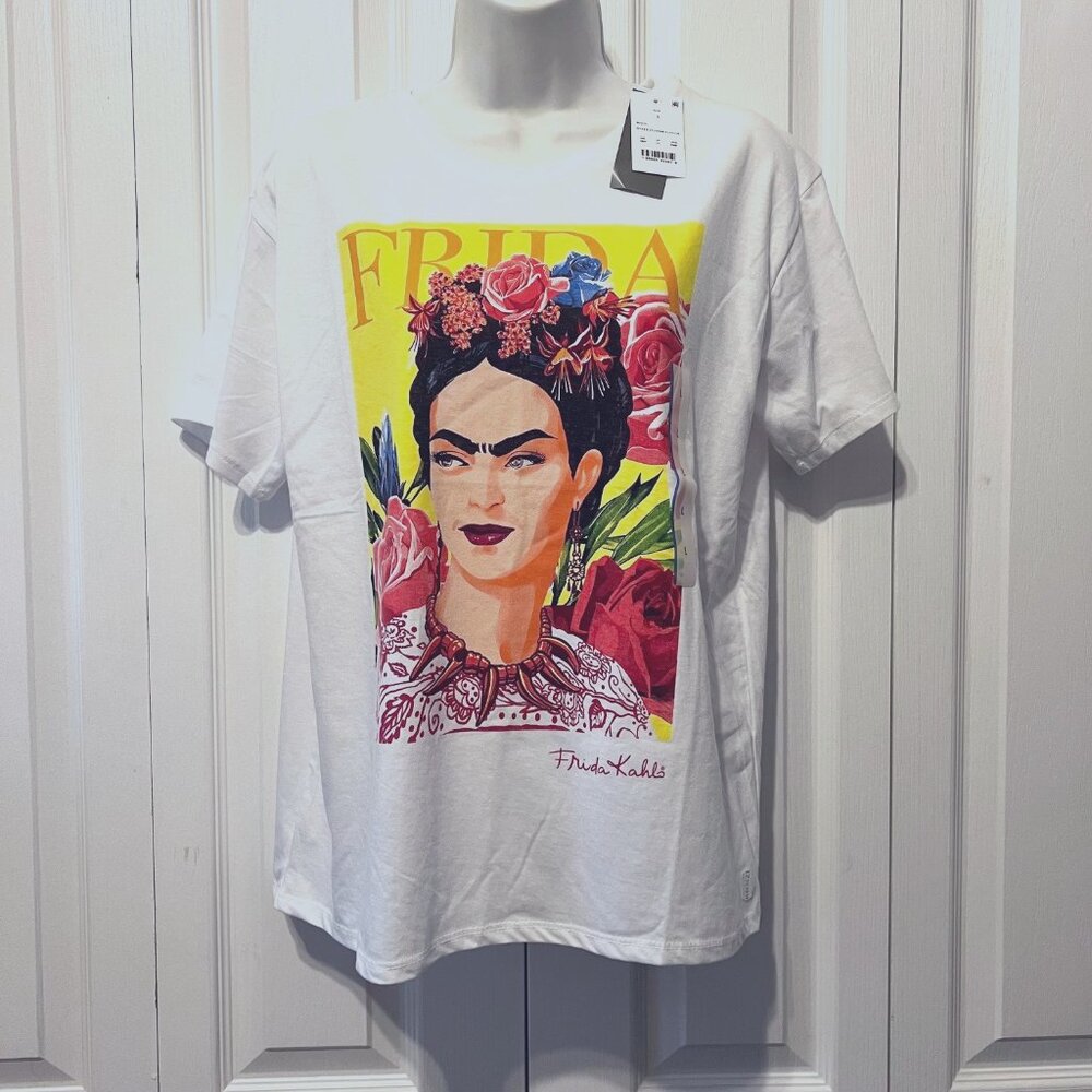 Frida Kahlo by Jerry Leigh-Colorful White T-shirt-NWT- Women's-Large-Bright